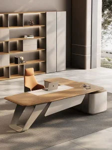 Luxury High End Minimalist L Shaped Executive Desk Set Side Cabinet MDF Material Large Desk Chair for CEO Boardroom Office Suite