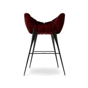 Luxury High End Velvet Bar Stool Curved Backrest Wine Red Upholstery Black Metal Legs Italian Luxury Dining Living Room Villa