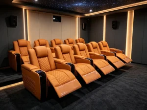 Luxury Home Theater Recliner Sofa Orange Leather Electric Cinema Chair With Cup Holder Private Movie Room Seating
