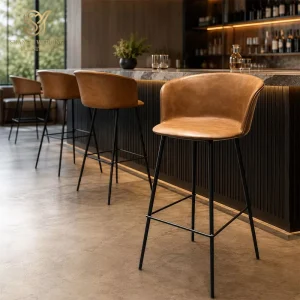 Luxury Hotel Bar Stool with Black Metal Legs and Orange Leather Restaurant Bar Chairs for Kitchen Bistro