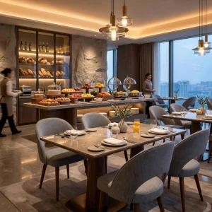 Luxury Hotel Restaurant Furniture Dining Table with Customized Color Fabric Chairs for Buffet & Restaurant