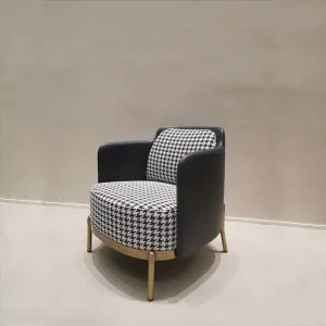Luxury Houndstooth Fabric Lounge Chair with Gold Metal Legs for Hotel Lobby