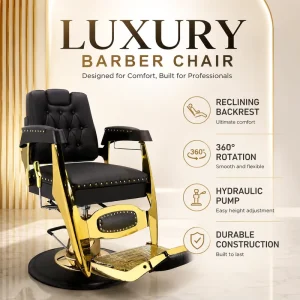 Luxury Hydraulic Barber Chair Professional Salon Styling Chair Gold Frame PU Leather Reclining Hair Cutting Chair Heavy Duty