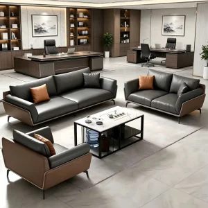 Luxury Italian Genuine Leather Office Sofa Set Modern 3 Seater Sectional Reception Couch with Coffee Table for Business Lobby