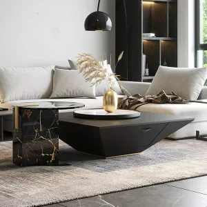 Luxury Italian Living Room Furniture Black Solid Wood Coffee Table Metal Marble Tables
