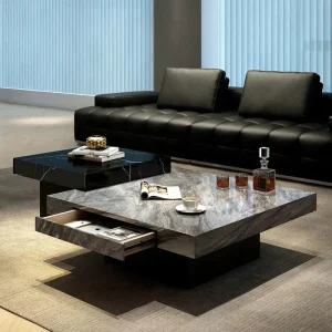 Luxury Italian Minimalist Square Center Table Grey and White Sintered Stone Top Block Coffee Table for Villa Living Room