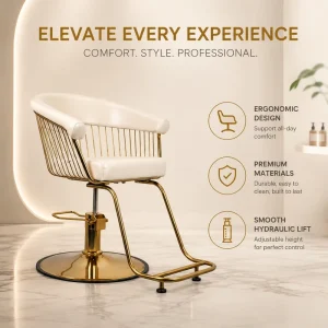 Luxury Ivory Gold Salon Styling Chair Hydraulic Barber Chair with Gold Round Base Footrest and Metal Wire Back Design