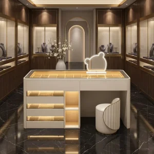 Luxury Jewelry Boutique DisplayIsland French Cream Showcase Cabinet Amber LED Glass-Top Counter Commercial-Grade Retail
