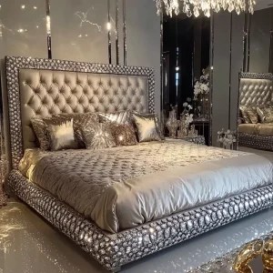 Luxury King Size Modern Bedroom Platform Bed Tufted Velvet with Crystal Trim LED Lights Mirrored Glam Bed for Home or Hotel