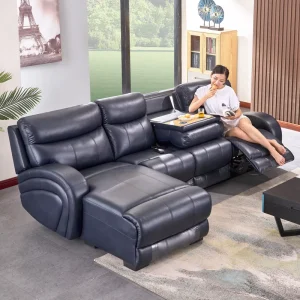 Luxury L Shape Leather Living Room Sofas Recliner Sofa Set Furniture with Drop Down Table Tray Reclining Chaise Lounge