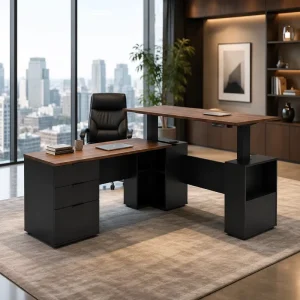 Luxury L Shaped CEO Executive Desk Silent Power Height Adjustable Sit Stand Workstation for Premium Corporate Offices