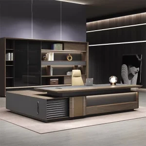 Luxury L Shaped Executive Desk Modern CEO Office Table with Multimedia Socket Premium Manager Workstation with Storage Cabinet