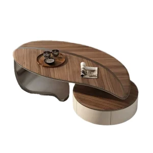 Luxury Leaf Coffee Table Modern Solid Wood Top with Stainless Steel Base Drawer Storage for Living Room Nordic Center Table Set