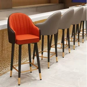 Luxury Leather Modern Minimalist European Style High Bar Stool Wrought Iron Frame Swivel Backrest Commercial Home Bar Chair