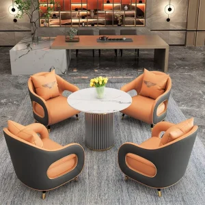 Luxury Leather Office Public Area Furniture Table and 4 Chair Set Reception Leather Leisure Sofa Chair for Wait Area Negotiation
