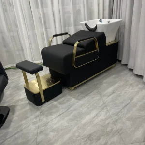 Luxury Leather Shampoo Station with Ceramic Basin Gold Metal Frame Matching Footstool Salon Backwash Chair for Barber Spa