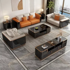 Luxury Living Room Furniture Stainless Steel Leather Upholstered Convertible Sectional Sofa Apartment Mall Basement