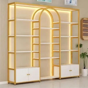 Luxury Living Room Golden Arch Metal Cosmetic Display Shelf With Storage Cabinet Multi Layer Open Cabinet