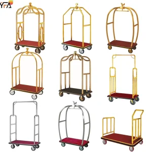 Luxury Lobby Luggage Trolley Titanium Glod Multi-Function Birdcage Luggage Transport Cart Bellman Hotel Luggage Trolley Cart