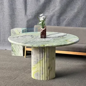 Luxury Low Plinth Nordic 100% Natural Stone Light Green Marble Round Top Dining Table Set for Villa Hotel Luxury Restaurant