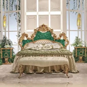 Luxury Malachite Green Bed Emerald Gold Leaf Carved Royal Baroque Master Suite Designer Custom Upholstered High Headboard