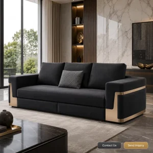 Luxury Mansion Living Room Sofa Modern Nappa Leather Couch with Gold Metal Trim for High End Homes