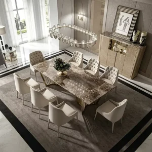 Luxury Marble Dining Table Set with Gold Plated Stainless Steel Base for Restaurant Furniture