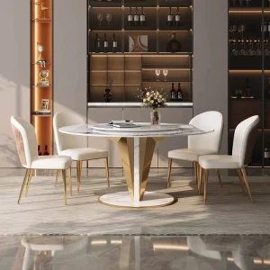 Luxury Marble Dining Table and Chair Set Glossy Quartz Stone Top Rotating Center Modern Style Stainless Steel Frame Dining Room