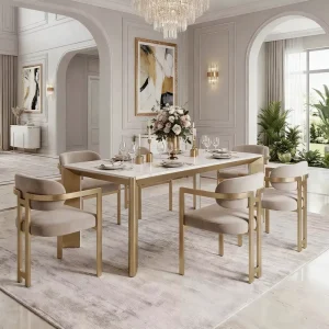 Luxury Marble Dining Table with Gold Metal Base and Velvet Chairs Set for 6 for Hotel Use