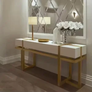 Luxury Metal Art Designer Hotel Hall Stainless Steel Entryway Living Room Corner Console Table with Mirror