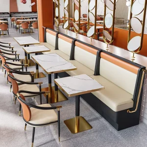 Luxury Metal Frame Marble PU Leather Restaurant Furniture Set Bench Booth Seating Chair and Table for Commercial Cafe