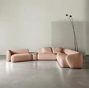 Luxury Minimalist Cream Cloud Modular Sofa Set Curved Corner Boucle Fabric Sectional Built-in Tea Table Home Apartment Interior