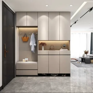 Luxury Minimalist Entryway Cabinet Wooden Shoe Storage Unit with Coat Hooks and LED Lighting
