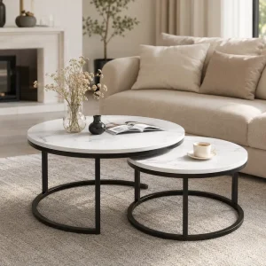Luxury Minimalist Space Saving White Marble Top Round Metal Nest of 2 Tables for Living Room Modern Coffee Table