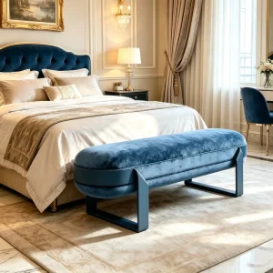 Luxury Minimalist Velvet Fabric Padded Bench Gold Stainless Steel Legs Bedroom Apartment Villa Seating Custom Living
