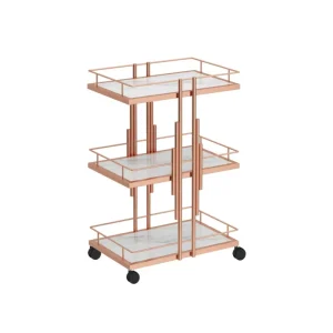 Luxury Modern 3 Tier Rolling Trolley with Gold Metal Wheels Versatile for Hotel Salon and Home Use