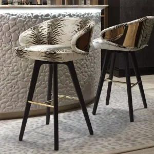 Luxury Modern Bar Stool Golden Back High End Contemporary Design Fabric Upholstered Wooden Legs for Hotel Dining Living Room