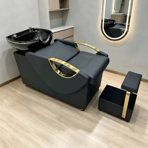 Luxury Modern Black Gold Durable Shampoo Chair with Headrest Reclining Salon Hair Washing Bed Barbershop Facial Massage
