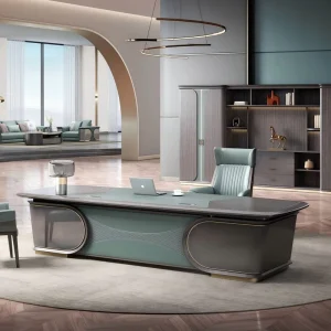 Luxury Modern Blue Executive Desk with Matching Chair High End Curved CEO Boss Table Office Set