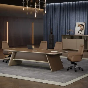 Luxury Modern Boat Shaped Conference Table Smart Boardroom Meeting Desk with Integrated Power Outlets LED Lighting