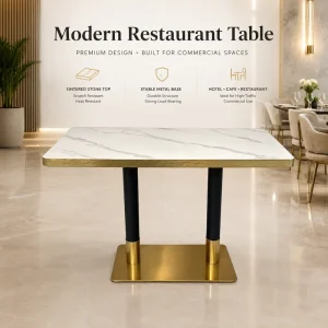 Luxury Modern Commercial Restaurant Dining Table Sintered Stone Top Gold Trim Metal Legs for Hotel Cafe Wedding Venue OEM Custom