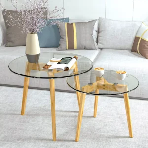 Luxury Modern Design Durable Living Room Accent MDF Coffee Tables with Bamboo Legs Round Nesting Coffee Table Set