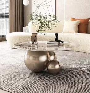 Luxury Modern Design Spherical Art Furniture Stainless Steel Ball Leg Base Coffee Table Mirrored Finish for Living Room Hotel