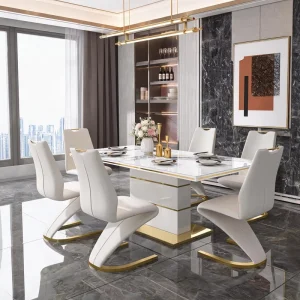 Luxury Modern Dining Room Set White Sintered Stone Marble Table with 6 Z shaped Gold Stainless Steel Chairs for Project