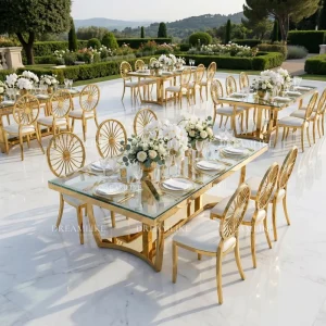 Luxury Modern Dreamlike Stainless Steel Mirror Glass Dining Table Durable Thickened Stainless Steel Frame Hotel Outdoor Party