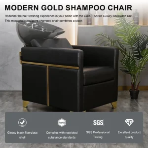Luxury Modern Durable Shampoo Chair Gold Accent Salon Backwash Unit Black Ceramic Bowl Professional Hairdressing Workshop