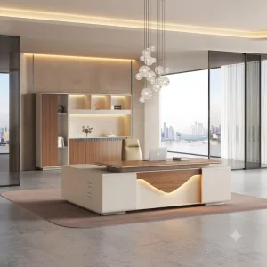 Luxury Modern Executive Office Desk with Wooden Top LED Panel Side Cabinet High Back Chair for CEO Manager Commercial Office
