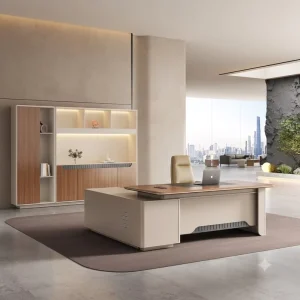 Luxury Modern Executive Office Desk with Wooden Top Side Cabinet High Back Chair Storage Cabinet for CEO Manager Office Room