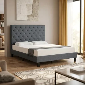 Luxury Modern Fabric Double Bed Grey 4ft6 Box Spring Frame Headboard Upholstered PU Leather Strong Sturdy Dormitory