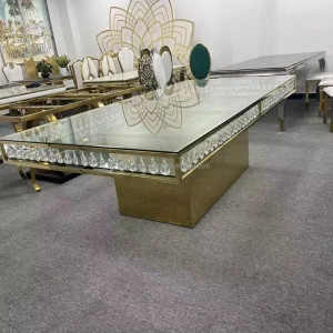 Luxury Modern Farmhouse Wedding Rectangular Gold Stainless Steel Mirror Glass Dining Table for Events